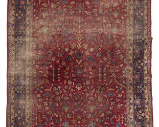1395
Mid-20th century; Iran
A Persian Sarouk Area Rug
The wool-on-cotton foundation rug with all-over polychrome foliate motifs on a burgundy ground
11' 9" L x 9' W
Estimate: $1,500 - $2,500