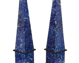 1397
20th century
A Pair Of Carved Lapis Lazuli Stone Obelisks
Each with paper tag to the underside for retailer: Trove / London
Each stone pillar constructed from three lapis lazuli geometric components with polished onyx square plates and beveled plinths interspersed between, 2 pieces
Each: 17.5" H x 4.25" W x 4.25" D
Estimate: $800 - $1,200