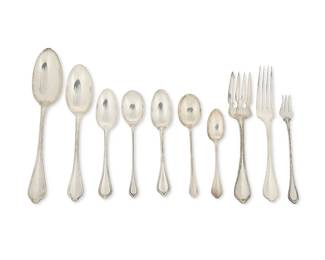 1401
Early/mid-20th century
A Partial Towle "Paul Revere" Sterling Silver Flatware Service
Each marked for Towle sterling, most marked for pattern: PR
Designed 1906, comprising 8 place forks (7.125" L), 1 fish/pastry fork (6.875" L), 6 cocktail forks (5.625" L), 2 table/serving spoons (8" L), 7 place spoons (7" L), 2 bullion spoons (5.5" L), 2 tea spoons (5.57" L), 1 citrus spoon (5.5" L), and 1 demitasse spoon (4.5" L), two monogrammed, 30 pieces
Weighable sterling: 34.79 oz. troy approximately
Estimate: $500 - $700