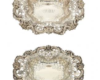 1404
Early 20th century
A Pair Of American Sterling Silver Bowls
One marked: Bailey Banks & Biddle / Philadelphia; each marked: Sterling / 2042 / [maker's mark for Frank Smith]
Each with a pierced, undulating acanthus rim and reticulated pattern to the interior, monogrammed, 2 pieces

Each: 3.5" H x 14.5" W x 12.125" D
47.735 oz. troy approximately
Estimate: $3,000 - $4,000