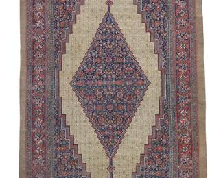 1407
20th century
A Malayer Area Rug
The wool and camel hair on cotton foundation rug with geometric central medallion on a tan ground and red, blue, and brown border in a geometric pattern
12' 2" L x 6' 2" W
Estimate: $1,500 - $2,000