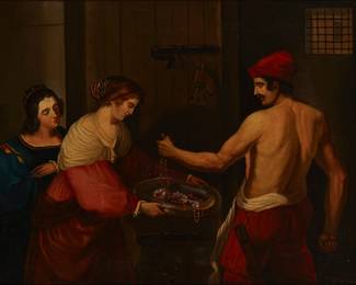 1410
19th Century Continental School
Man Presenting Jewels To A Woman And Her Maid, After Guercino
Oil on panel
Appears unsigned
Sight: 9.5" H x 12.5" W
Estimate: $500 - $700