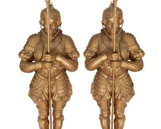1413
20th century
A Pair Of Life-Size Figures Of Spanish Guards
Each appear unmarked
Two life-size cast iron figures painted gold, each wearing a suit of armor and brandishing a spear, 2 pieces
Each: 82.5" H x 24" W x 20" D approximately
Estimate: $2,000 - $3,000