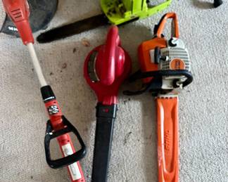 Weed eater. Chain saws. Leaf blower