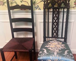 Item 2: antique dark brown/ black wood chair- approximately 40” high $19
Item 3: antique ornate brown chair w/ blue ornate upholstery fabric -approximately 42” high Chair on casters $32 ( Sold)