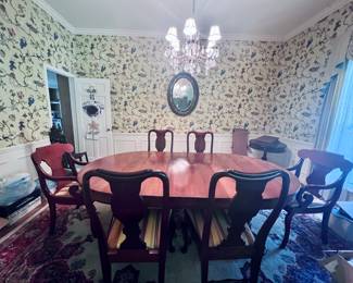 Item 12: Large antique dining table w/ 2 leaves &8 chairs - believed to be Mahogany. Beautiful solid pieces in amazing condition ! $1389
H 29” x W 84” x D 48”
See handwritten note about origin and quality a few pics down!