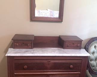 Item 13: Beautiful marble top antique dresser w/ mirror$329
H 38” x W 39” x D 18”