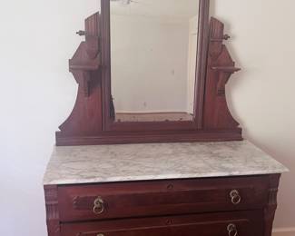 Item 18: marble top antique dresser w/ mirror $315
H 72” x W 46” x D 20”