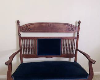 Item 32 -Antique bench with navy velvet in beautiful condition $298
H 43” x W 45 1/2 x D 22