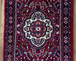 Item 80: handwoven antique rug with rich burgundy 4’4” x 2’ 6” $168