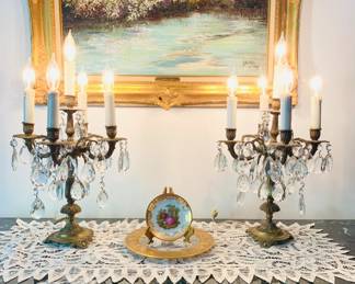 beautiful cast iron electric candelabra ornamented with crystals (back ground oil painting - NFS)