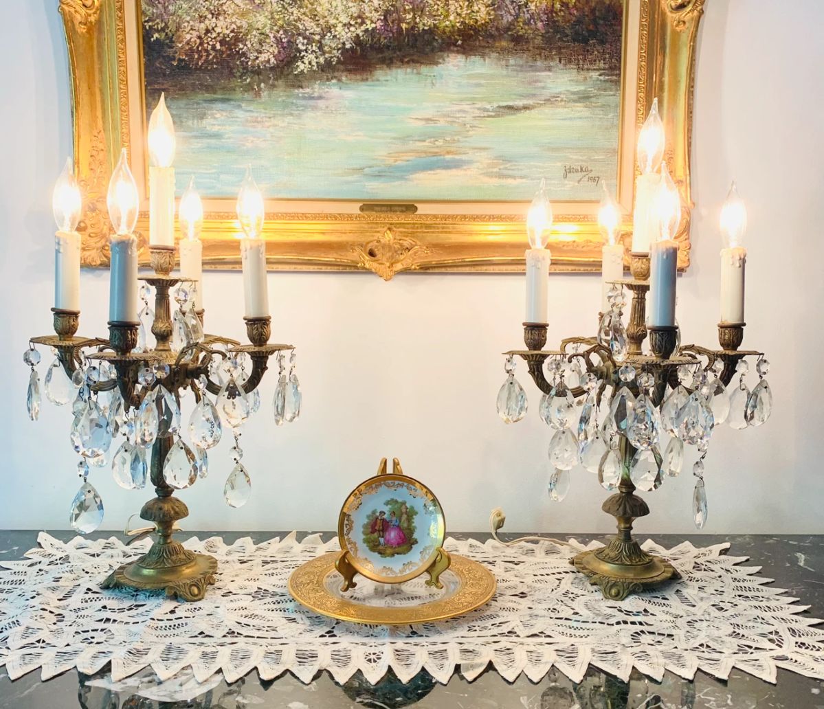 beautiful cast iron electric candelabra ornamented with crystals (back ground oil painting - NFS)