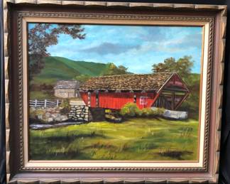 vintage farm house theme oil painting in carved solid wood frame.