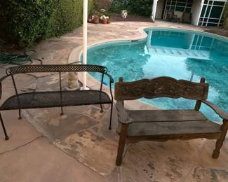 rought iron and wood outdoor benches