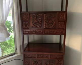 Asian hihgly carved solid wood display cabinet - separate top and bottom