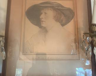 antique etching with sign