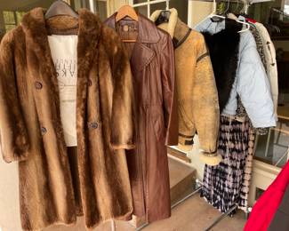 Saks Fifth's vintage coat.   real eather long coat.         
sheep skin jacket.   fur black shawl and witer jackets. garment dyes long dress.