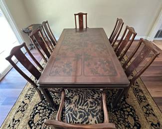 Heritage Connoisseur Carved Asian Dining Table w/ 3 Leaves and 8 Chairs
