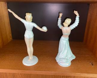 Rear View Ca.1930's Schaubach Kunst German Porcelain Figures. Please Note: The Dancer has a broken finger.   