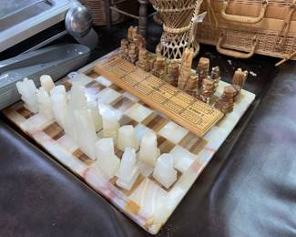 Alabaster Carved Southwestern Style Chest Set & Board 