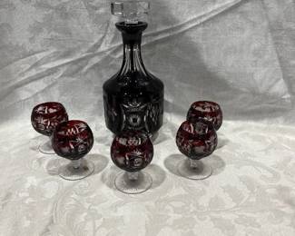 Ruby Red Cut To Clear Crystal Brandy Cognac Snifter Glasses and Decanter Bohemian Hungary by Nachtmann