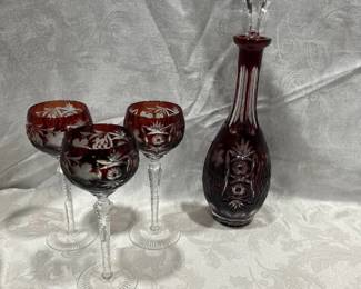 Ruby Red Cut To Clear Crystal Wine glasses and Decanter Bohemian Hungary by Nachtmann