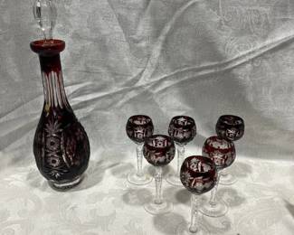 Ruby Red Cut To Clear Crystal Aperitif glasses and Decanter Bohemian Hungary by Nachtmann