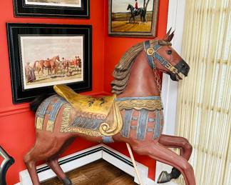 Vintage carousel horse. Hand carved wood, gessoed and polychromed horse c 1970. Horse’s tail is of genuine horsehair. Undrilled. 