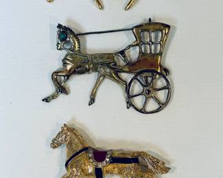 Vintage equestrian brooches gold (top), Mexican silver and turquoise (middle), Ciner (bottom)