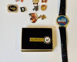 Lapel pins, Vice President George Bush tie clip, and George Bush '88 watch