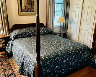 Queen four poster bed and vintage linens