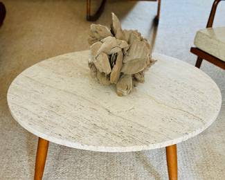 Mid Century round coffee table with travertine top