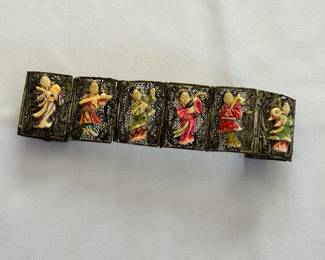 Vintage filigree bracelet with painted figures