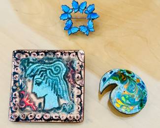 Enamel brooches, including Inga Carlson (lower R)