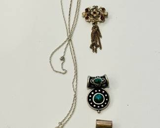 Pendants, including Gorham sterling silver puffy heart  with sterling silver chain (L) and Mexican 925 silver, onyx, and turquoise pendant (lower R)