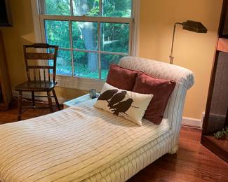 Chaise lounger, brass lamp, painted side chair