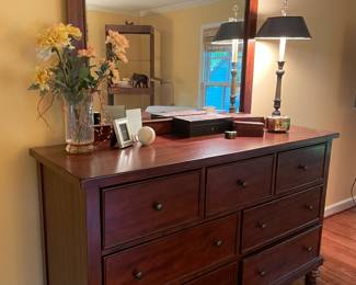 7-drawer dresser with mirror; lamp and jewelry and music boxes
