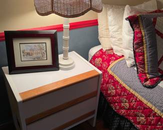 White laminate and oak nightstand, and MCM wicker lamp; queen provincial linens