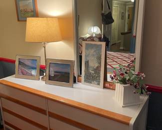 White and Oak dresser and mirror; stainless lamp and prints