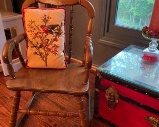 child's rocker, cardinal pillow, storage chest