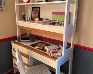 White painted wood and oak desk with hutch and cane seated desk chair; car models and more!