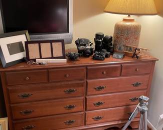 8-drawer dresser, ceramic lamp, 35 mm Konica camera and Vivitar lenses, tri-pod and more!