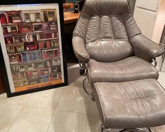 MCM chrome and leather armchair and ottoman; pub print - framed