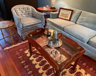 3 cushion ice blue velvet MCM low profile couch; tiger wood - burled side table; Hendredon oval side table with lower tier shelf, butlers glass-topped table; pewter tea set; wool area rug (club chair NOT available)