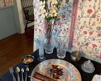 Crystal vases, silverplated chargers, chopsticks and holders and more!