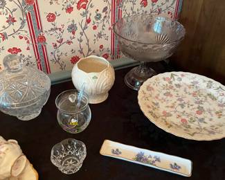 pewter candle snuffer, glassware and china 