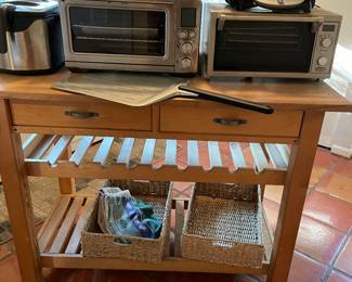 Crate & Barrel pine island with wine storage and drawers; small appliances:  Breville toaster, air-fryer, deep fryer, waffle maker; knife sharpener and more!