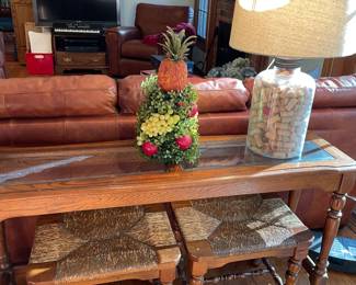 Wood and glass console sofa table and rush seated-wood stools