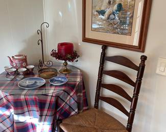ladder-back rush seated chair, skirted table, framed print, Asia tea set and more