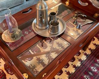 pewter tea set; glass butlers table; wool area rug
